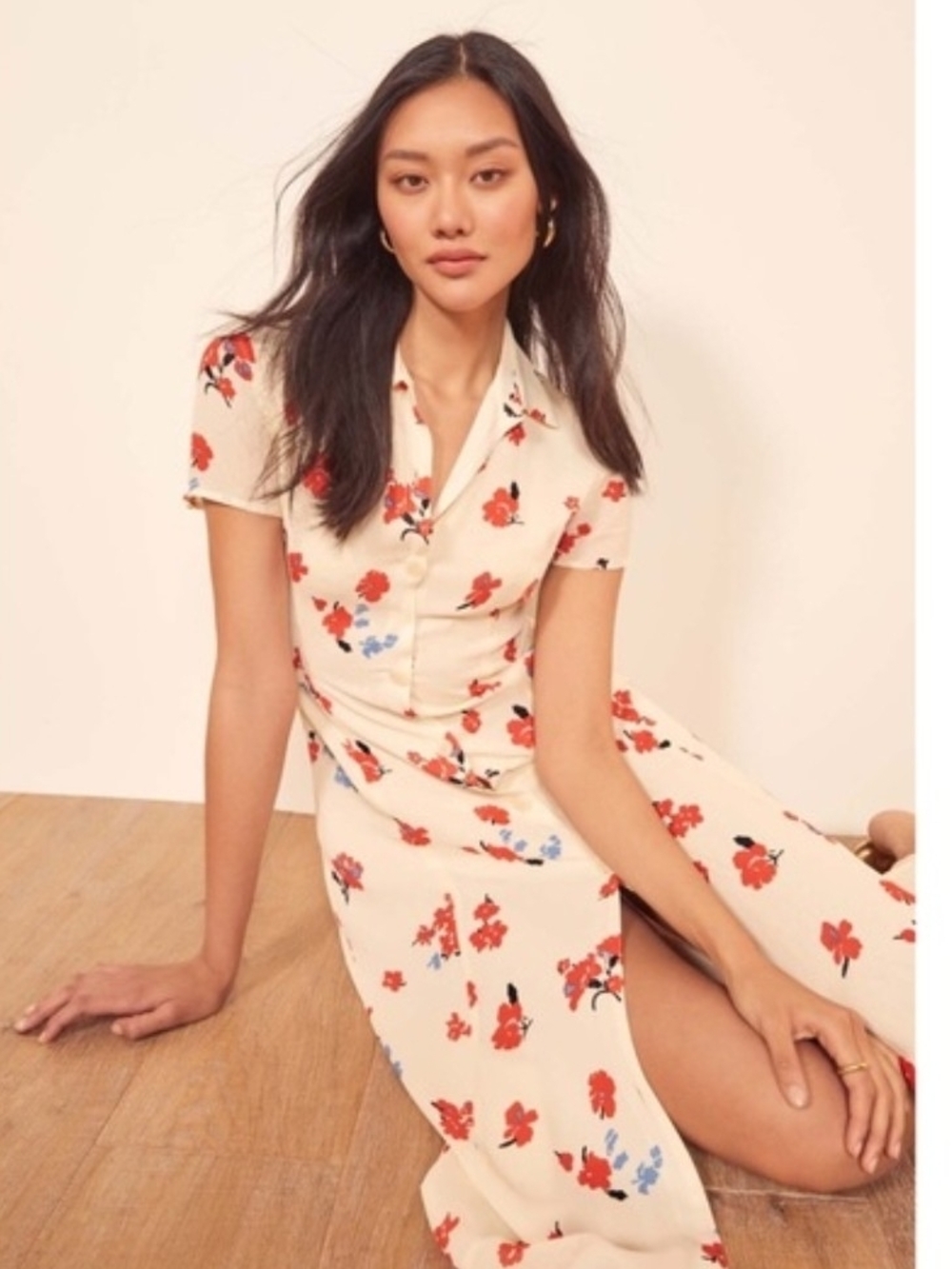 Women's Cream Floral Button-Front Midi Dress